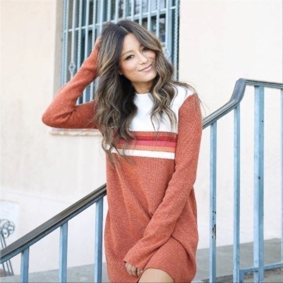 Free people colorblock long sleeve Rust and White Striped Sweater Dress - Picture 2 of 9